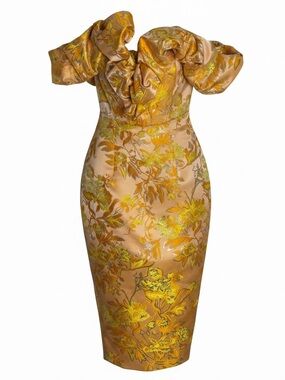 NWT Eliya The Label Brielle Off The Shoulder Jacquard Midi Dress Orange Yellow